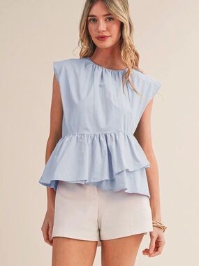 &MERCI SKY BLUE RUFFLED PEPLUM HEM TOP